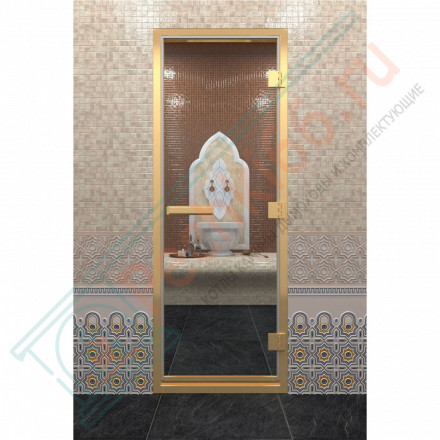 Стеклянная дверь DoorWood «Хамам Прозрачная» в золотом профиле 2000х800 (по коробке)