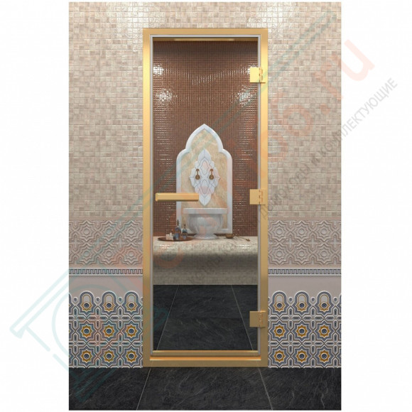 Стеклянная дверь DoorWood «Хамам Прозрачная» в золотом профиле 1900х700 (по коробке)