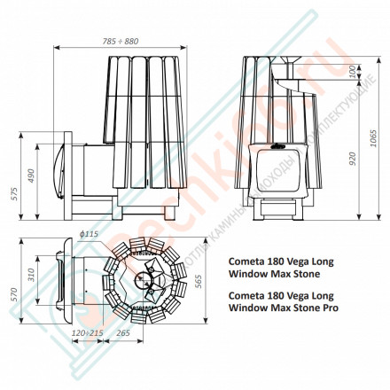 Дровяная банная печь Grill'D Cometa 180 Vega Long Window Max, Stone (Серпентинит)