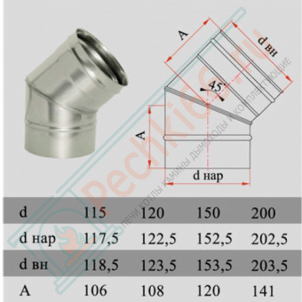 Отвод 45° без изол (НЕРЖ-321/0,8) d-150 (Дымок-Lux)
