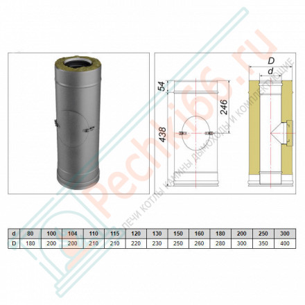 Труба V50R с лючком ревизии с изол L=500 (AISI-321/0,8-AISI-304/0,5) d-160/260 (Вулкан-Cerablanket)