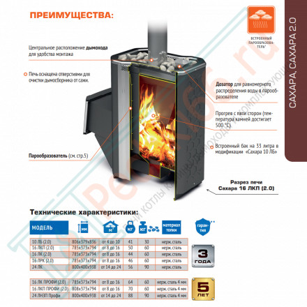 Печь для бани Сахара-24 ЛКП Профи (2.0), с парообразователем (Теплодар)